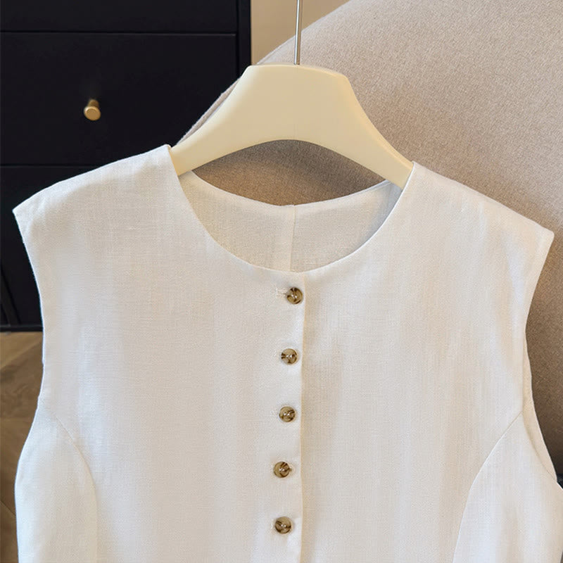 Buddha Stones Summer Elegant Button-Up Solid Crew Neck Tank Top Women's Sleeveless Shirts - image 3