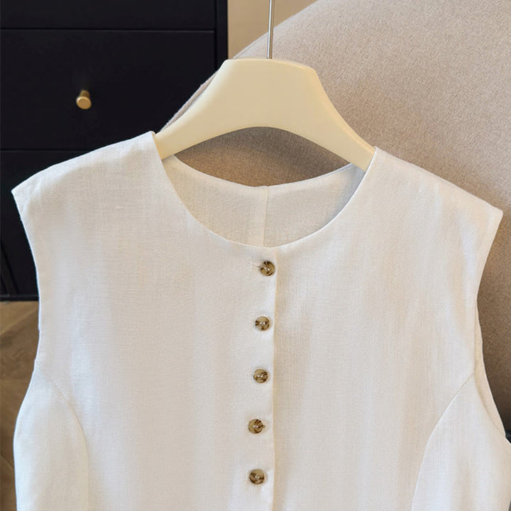 Buddha Stones Summer Elegant Button-Up Solid Crew Neck Tank Top Women's Sleeveless Shirts - image 3
