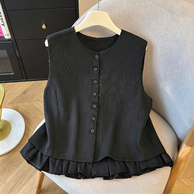 Buddha Stones Summer Elegant Button-Up Solid Crew Neck Tank Top Women's Sleeveless Shirts - Black - US12, UK/AU16, EU44 (2XL) - image 11