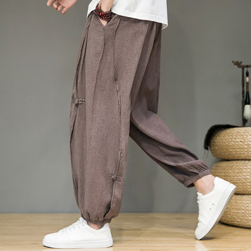 Buddha Stones Summer Casual Minimalist Drawstring Solid Cropped Pants Men's Harem Pants With Pocket - image 22