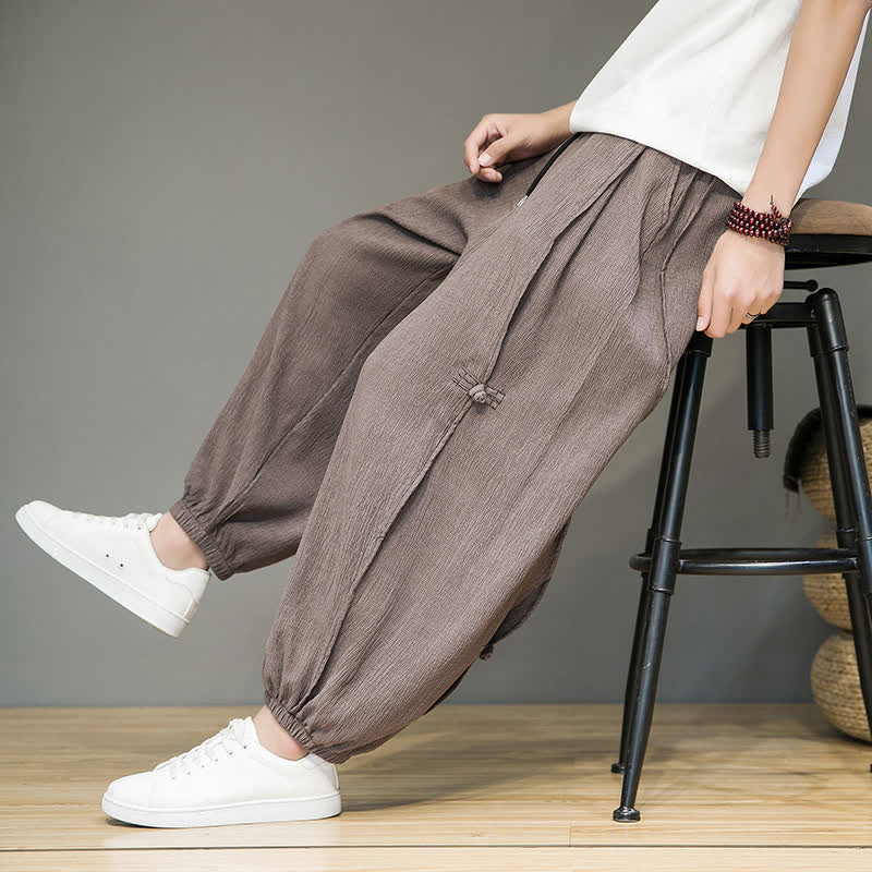 Buddha Stones Summer Casual Minimalist Drawstring Solid Cropped Pants Men's Harem Pants With Pocket - image 28