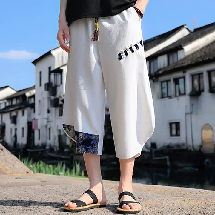 Buddha Stones Summer Casual Vintage Drawstring Floral Capri Pants Men's Harem Pants With Pocket - White - US/UK/AU46, EU56 (5XL) - image 7