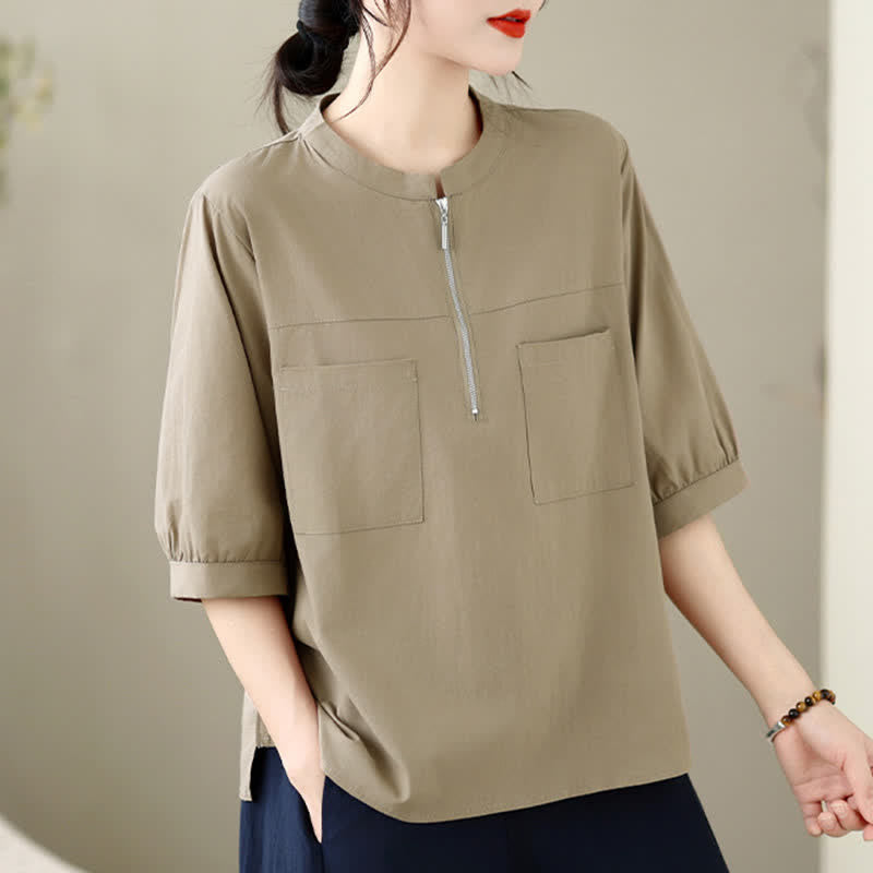 Buddha Stones Summer Minimalist Casual Quarter Zip Design Solid Women's Short Sleeve Shirts With Patch Pocket - image 5