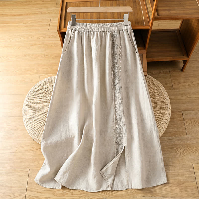 Buddha Stones Summer Casual Vintage Side Slit Solid Flowers Women's Skirts With Pocket - Beige - US8-10, UK/AU12-14, EU40-42 (2XL) - image 0