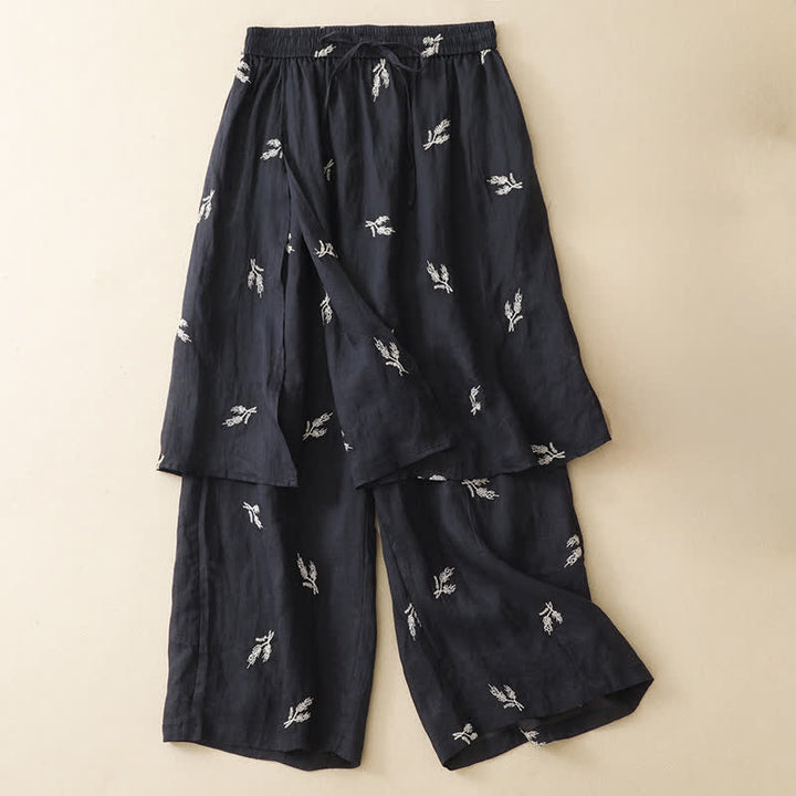 Buddha Stones Summer Boho Casual Floral Drawstring Cropped Pants Women's Wide Leg Pants - Black - US8-10, UK/AU12-14, EU40-42 (2XL) - image 0