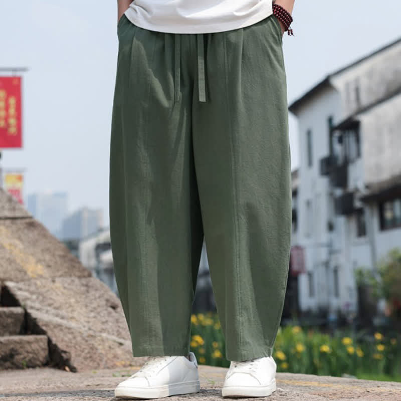 Buddha Stones Summer Casual Minimalist Drawstring Solid Cotton Long Pants Men's Harem Pants With Pocket - image 22