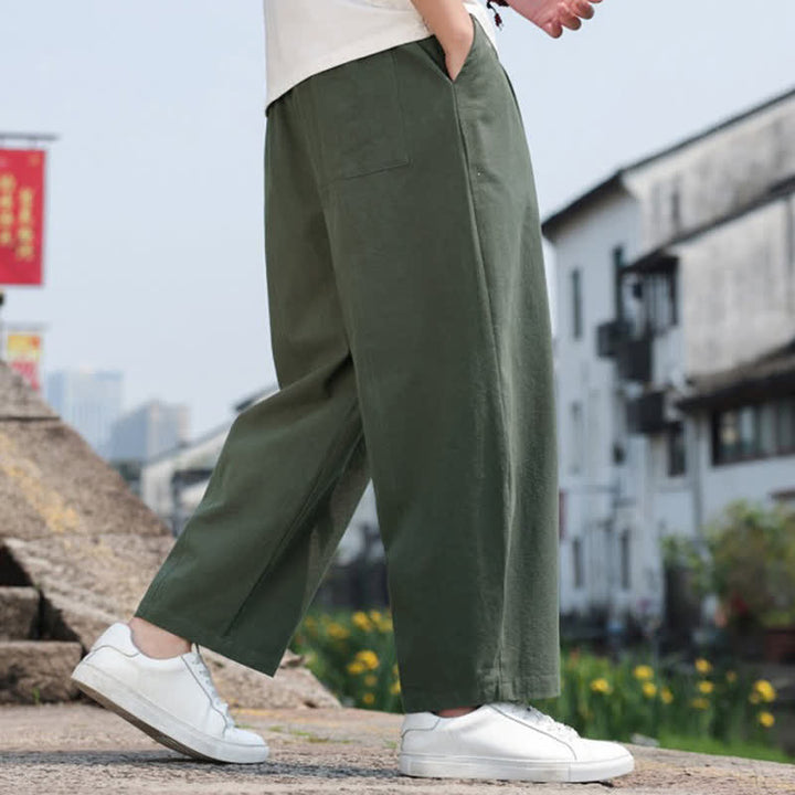 Buddha Stones Summer Casual Minimalist Drawstring Solid Cotton Long Pants Men's Harem Pants With Pocket - image 25