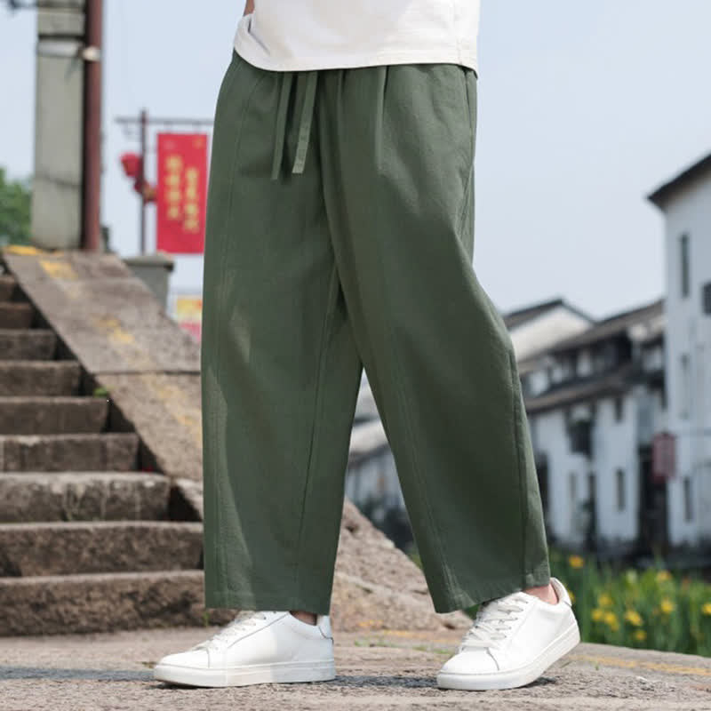 Buddha Stones Summer Casual Minimalist Drawstring Solid Cotton Long Pants Men's Harem Pants With Pocket - image 27