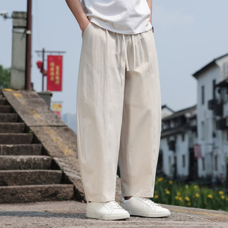 Buddha Stones Summer Casual Minimalist Drawstring Solid Cotton Long Pants Men's Harem Pants With Pocket - image 33