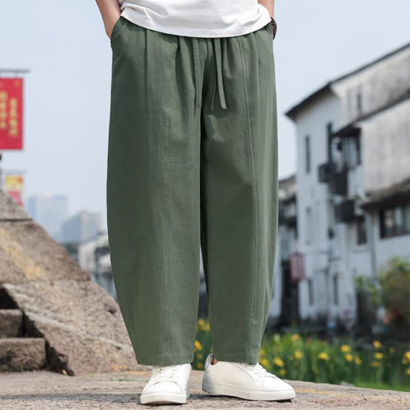 Buddha Stones Summer Casual Minimalist Drawstring Solid Cotton Long Pants Men's Harem Pants With Pocket - image 28