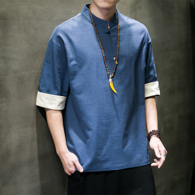 Buddha Stones Summer Tang Style Mandarin Collar Solid Men's Short Sleeve Shirts - image 1