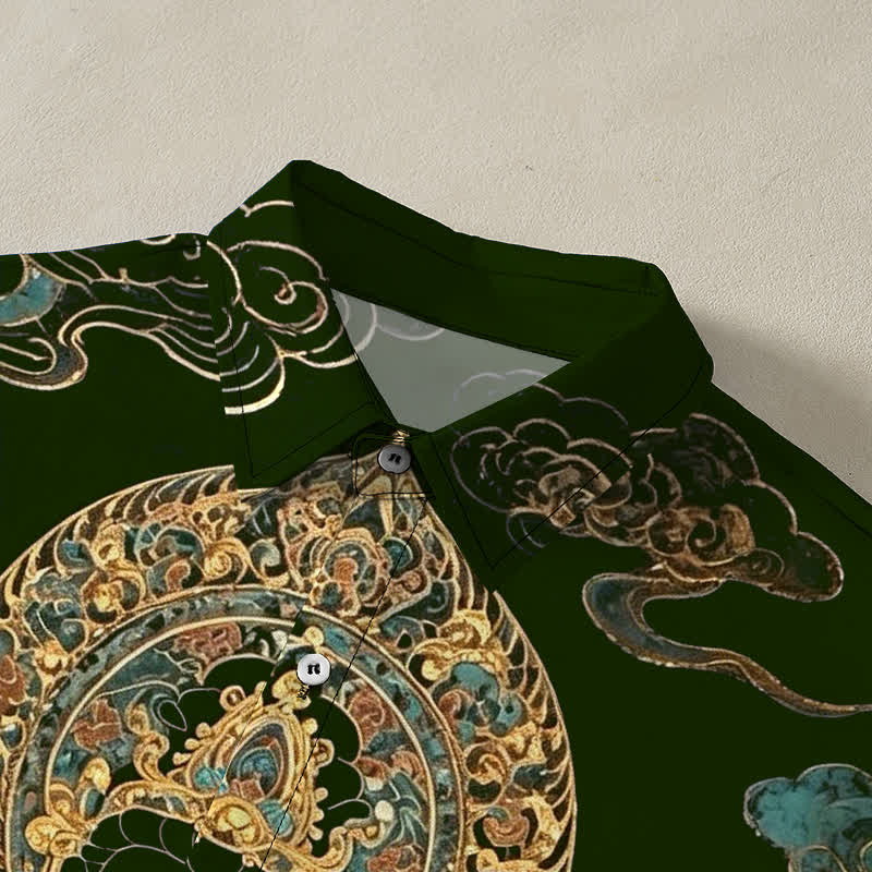 Buddha Stones Golden Buddha Cloud Pattern Buttons Wrinkle-resistant Men's Short Sleeve Shirt - image 7