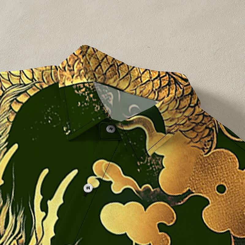 Buddha Stones Golden Dragon Cloud Pattern Buttons Wrinkle-resistant Men's Short Sleeve Shirt - image 12