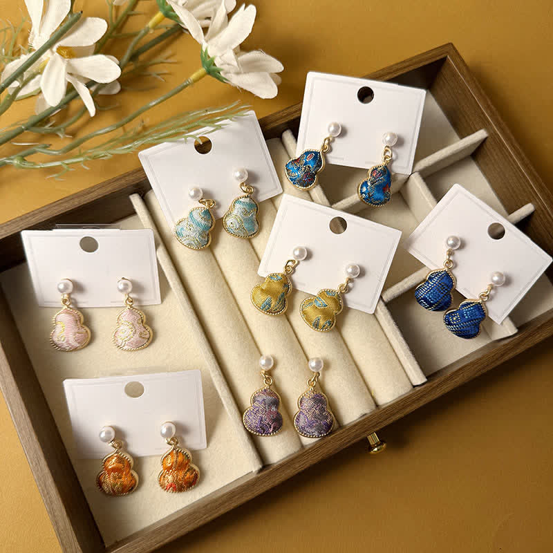 Buddha Stones Song Brocade Pearl Gourd Healing Handmade Stud Dangle Earrings - image 9