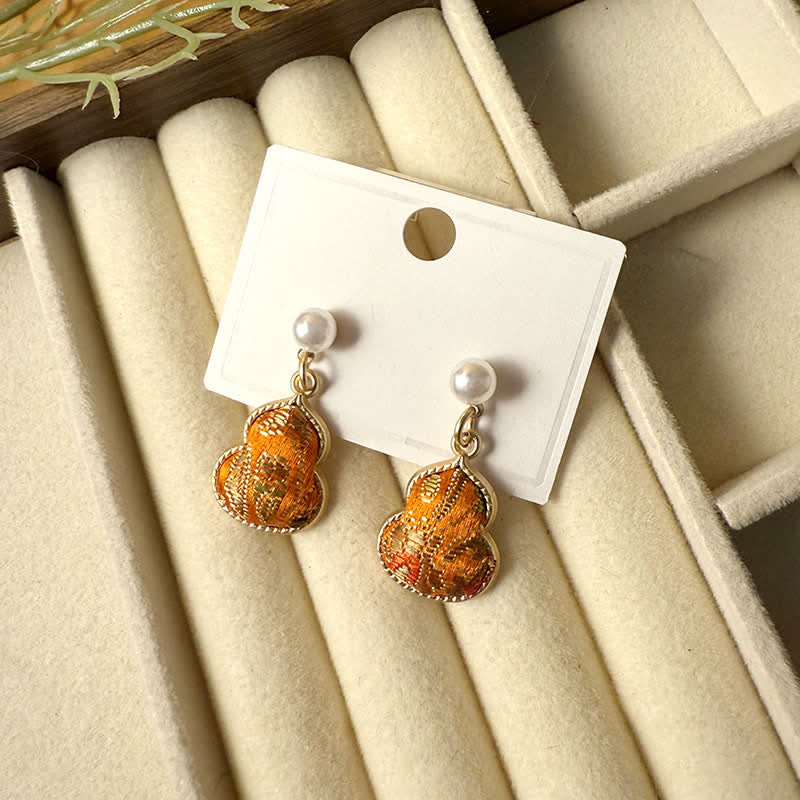 Buddha Stones Song Brocade Pearl Gourd Healing Handmade Stud Dangle Earrings - Orange(Same Color Tone – Pattern Varies) - image 7