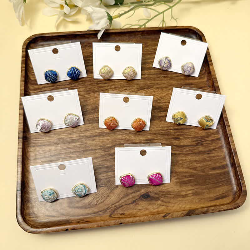Buddha Stones Handmade Song Brocade Protection Geometric Square Stud Earrings - image 13