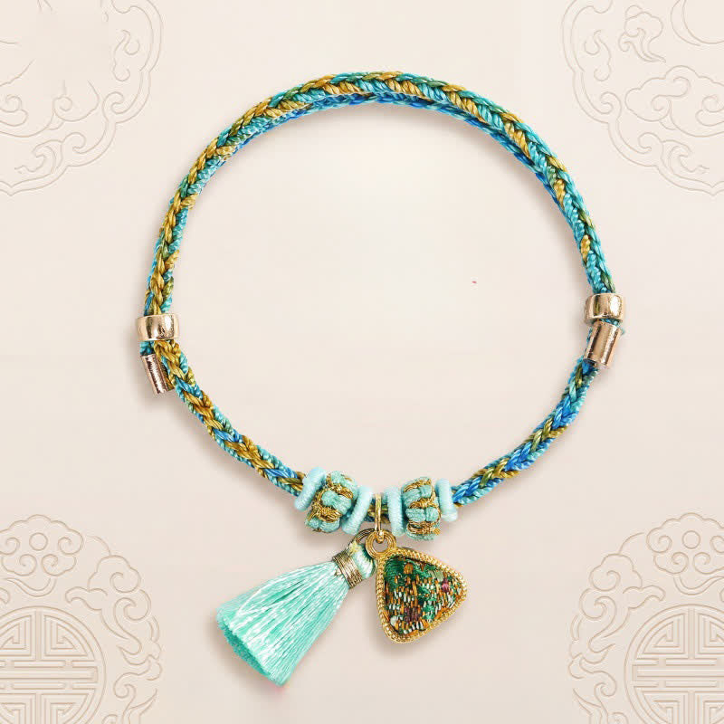 Buddha Stones Hand-Woven Five-Color Cord Luck Green Song Brocade Zongzi Apple Money Bag Chinese Lock Charm Gourd Bracelet - image 1
