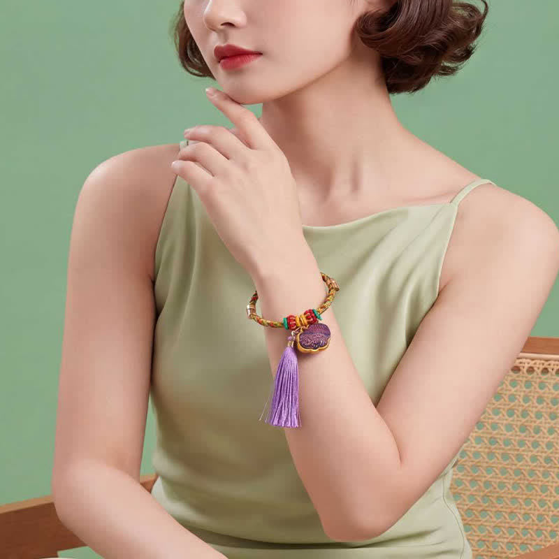 Buddha Stones Handwoven Five Color Cord Luck Purple Song Brocade Chinese Lock Charm Apple Money Bag Gourd Zongzi Adjustable Bracelet - image 12