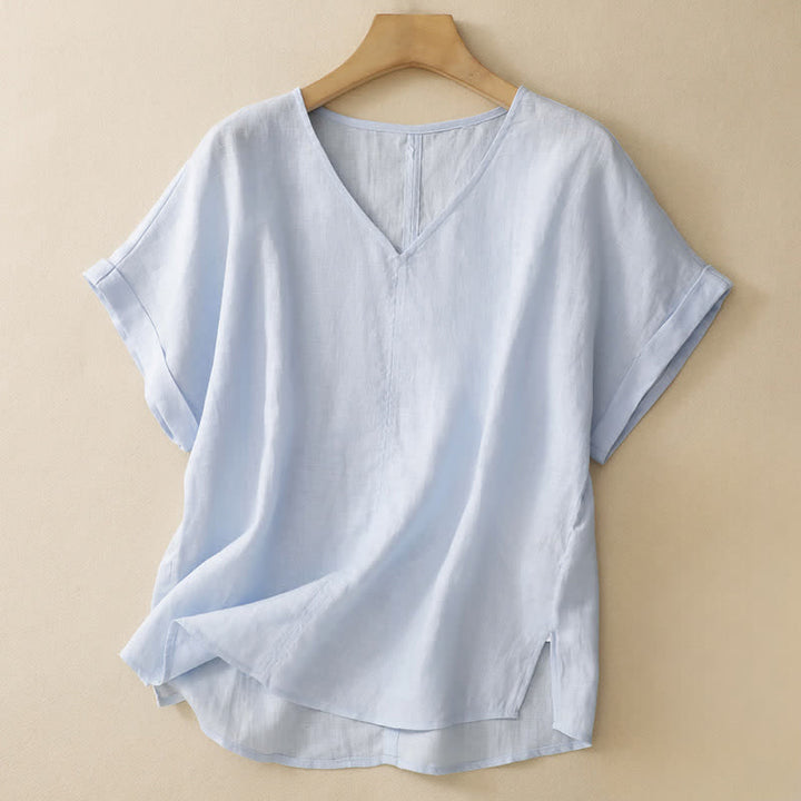 Buddha Stones Summer Casual Minimalist Side Slit Solid V-Neck Women's Short Sleeve T-Shirts - PowderBlue - US8-10, UK/AU12-14, EU40-42 (2XL) - image 0