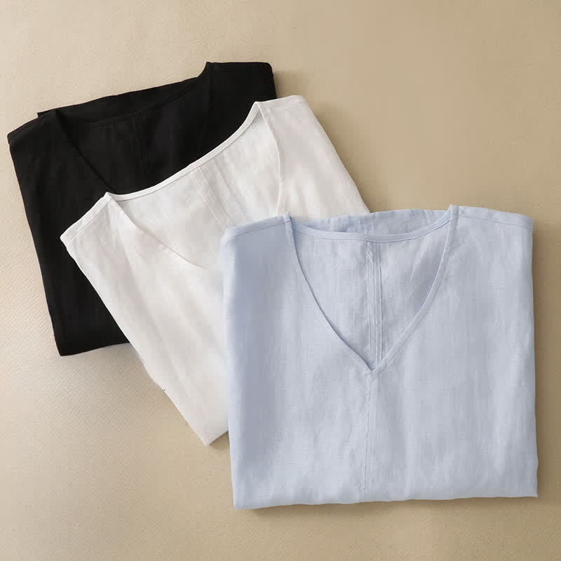 Buddha Stones Summer Casual Minimalist Side Slit Solid V-Neck Women's Short Sleeve T-Shirts - image 19