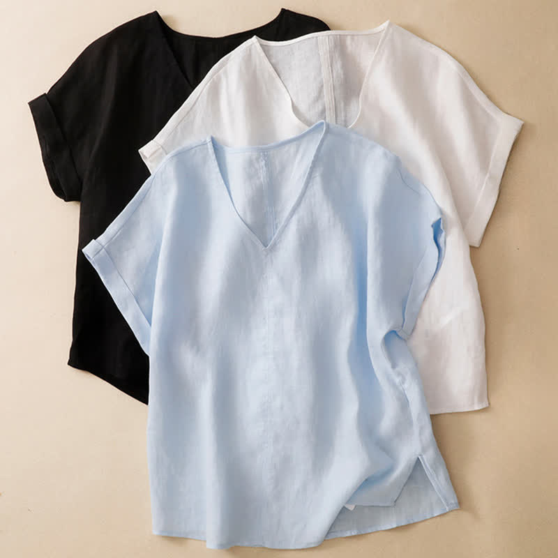Buddha Stones Summer Casual Minimalist Side Slit Solid V-Neck Women's Short Sleeve T-Shirts - image 18