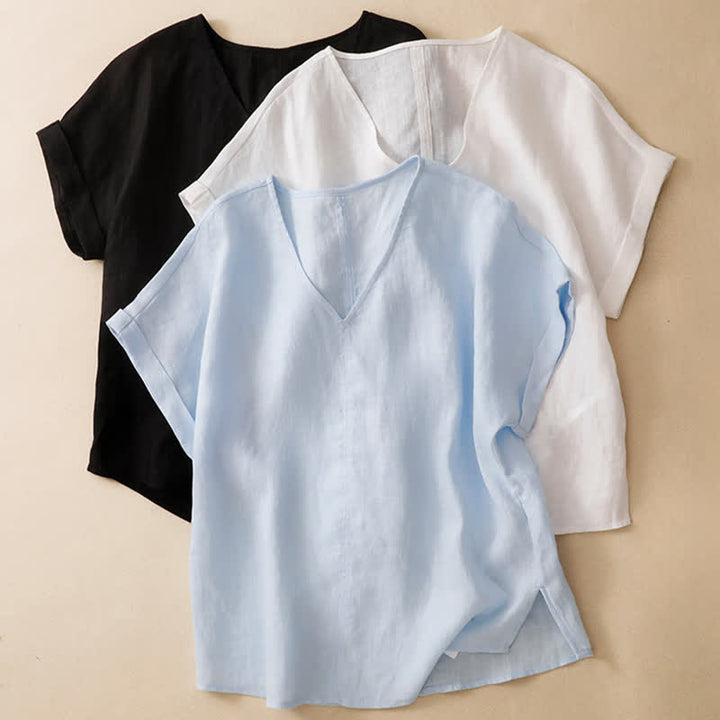 Buddha Stones Summer Casual Minimalist Side Slit Solid V-Neck Women's Short Sleeve T-Shirts - image 18