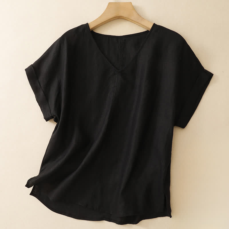 Buddha Stones Summer Casual Minimalist Side Slit Solid V-Neck Women's Short Sleeve T-Shirts - Black - US8-10, UK/AU12-14, EU40-42 (2XL) - image 9