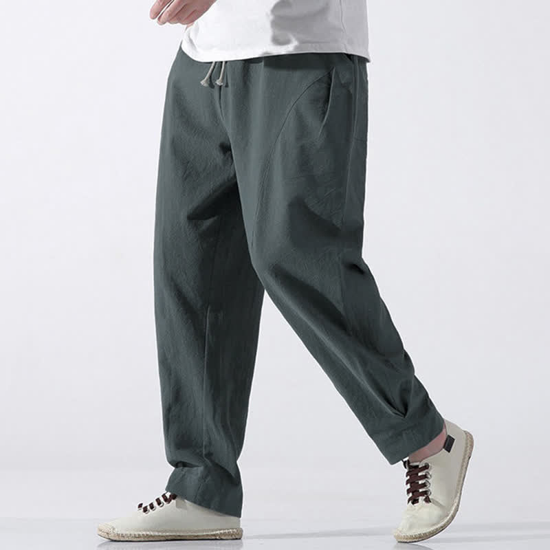 Buddha Stones Summer Casual Minimalist Drawstring Solid Cotton Cropped Pants Men's Harem Pants With Pocket - image 1
