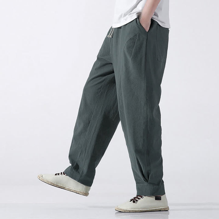 Buddha Stones Summer Casual Minimalist Drawstring Solid Cotton Cropped Pants Men's Harem Pants With Pocket - image 6