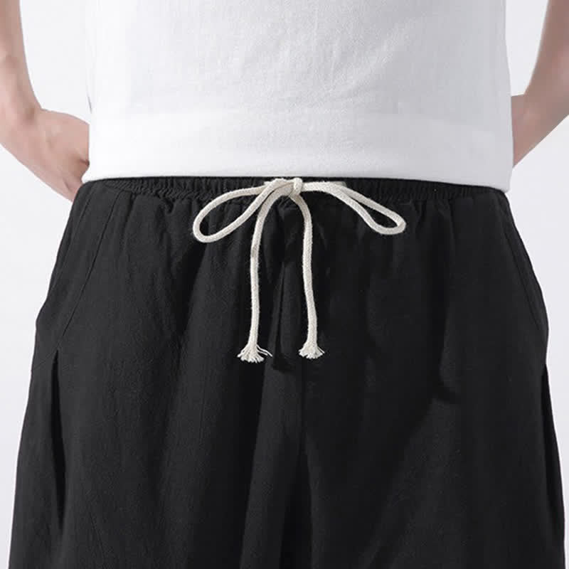 Buddha Stones Summer Casual Minimalist Drawstring Solid Cotton Cropped Pants Men's Harem Pants With Pocket - image 15