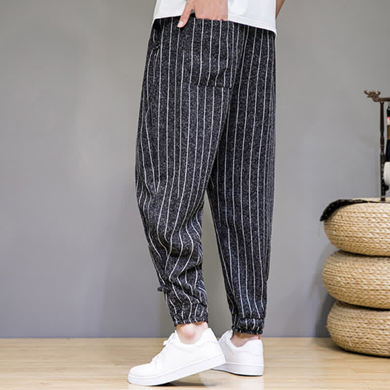 Buddha Stones Summer Casual Drawstring Striped Cropped Pants Men's Harem Pants With Pockets - image 4
