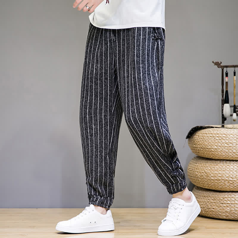 Buddha Stones Summer Casual Drawstring Striped Cropped Pants Men's Harem Pants With Pockets - image 1