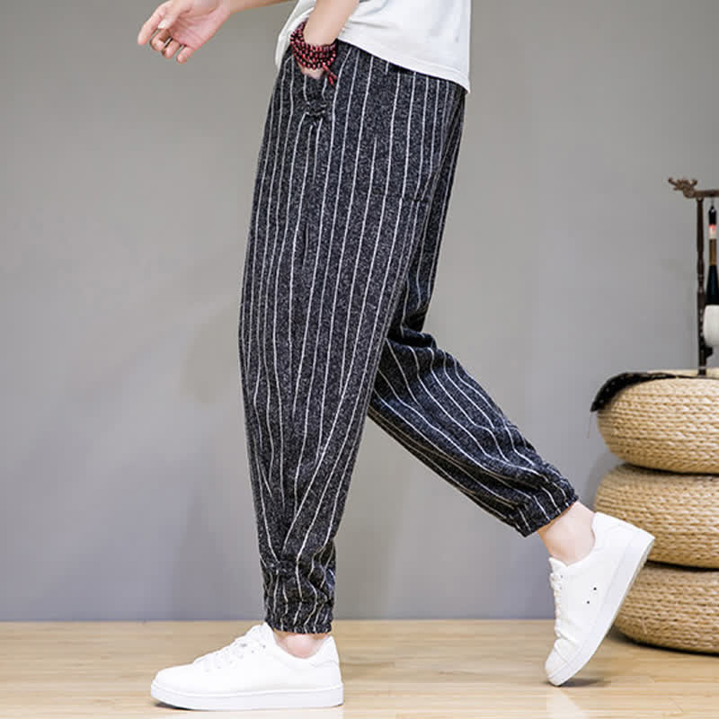 Buddha Stones Summer Casual Drawstring Striped Cropped Pants Men's Harem Pants With Pockets - image 6