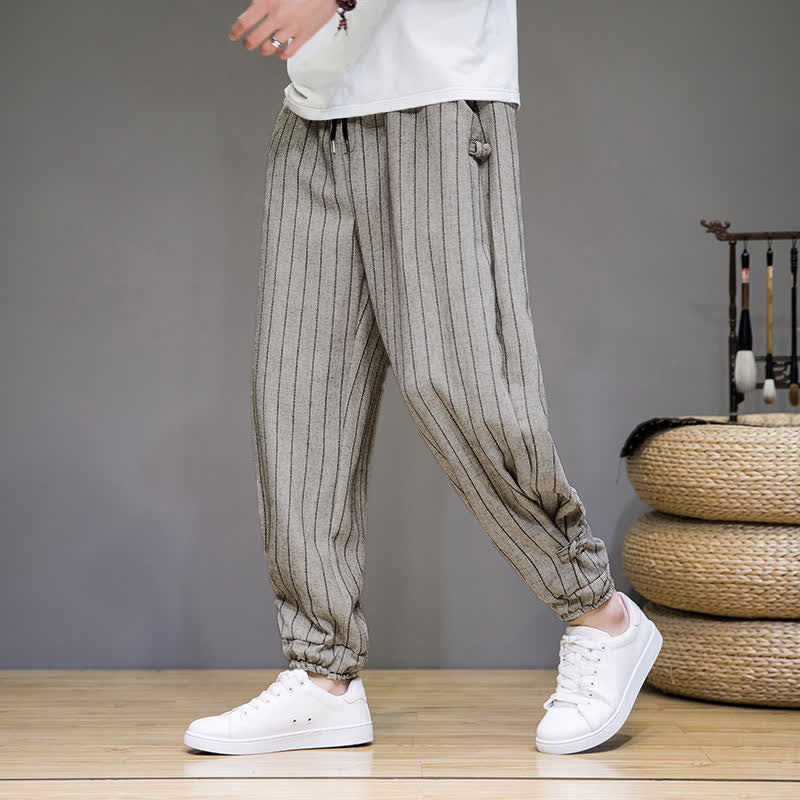 Buddha Stones Summer Casual Drawstring Striped Cropped Pants Men's Harem Pants With Pockets - Beige - US/UK/AU46, EU56 (5XL) - image 20