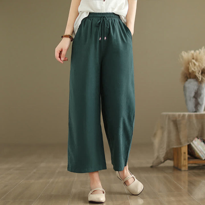 Buddha Stones Summer Casual Minimalist Drawstring Solid Cotton Cropped Pants Women's Wide Leg Pants With Pocket - ForestGreen - US8-10, UK/AU12-14, EU40-42 (2XL) - image 0