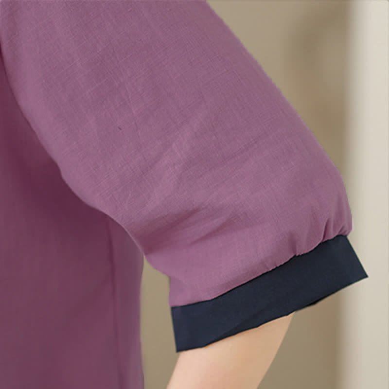 Buddha Stones Summer Elegant Button-Up contrast collar Solid Women's Short Sleeve Shirts - image 10