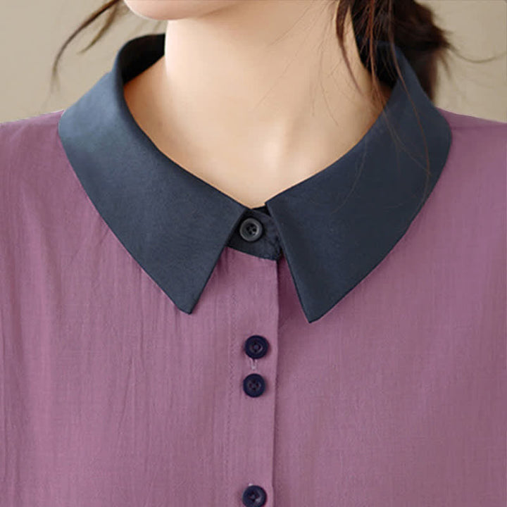 Buddha Stones Summer Elegant Button-Up contrast collar Solid Women's Short Sleeve Shirts - image 7