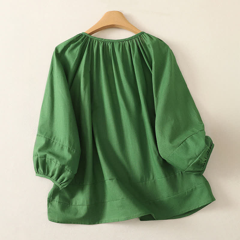 Buddha Stones Summer Boho Drawstring Crew Neck Solid Women's Long Sleeve Shirt - image 1