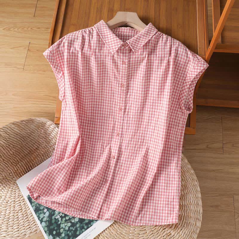 Buddha Stones Summer Casual Vintage Button-Up Plaid Women's Sleeveless Shirts Tank Top - LightPink - US14, UK/AU18, EU46 (2XL) - image 0