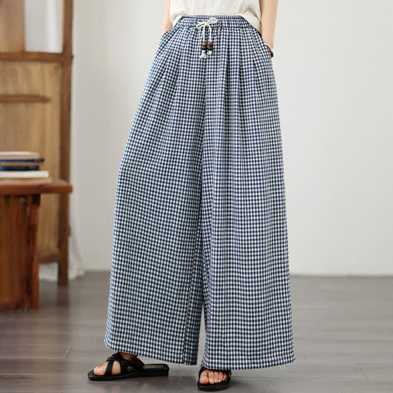 Buddha Stones Summer Casual Drawstring Small Plaid Ankle Pants Women's Wide Leg Pants With Pocket - image 1