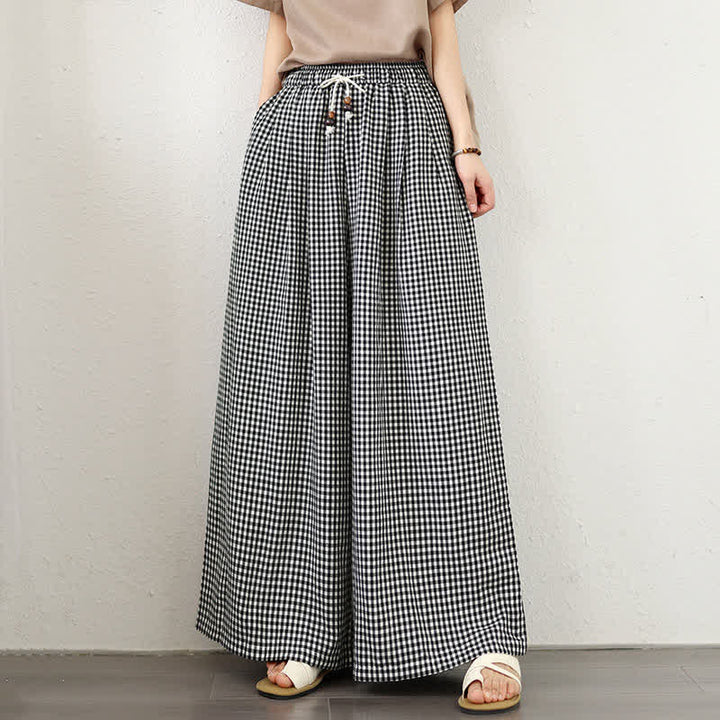 Buddha Stones Summer Casual Drawstring Small Plaid Ankle Pants Women's Wide Leg Pants With Pocket - image 10