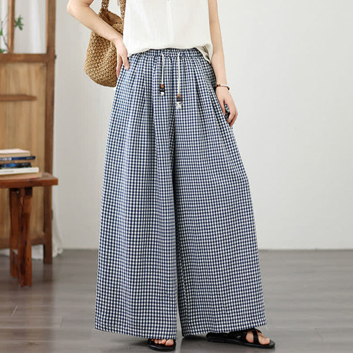 Buddha Stones Summer Casual Drawstring Small Plaid Ankle Pants Women's Wide Leg Pants With Pocket - image 5