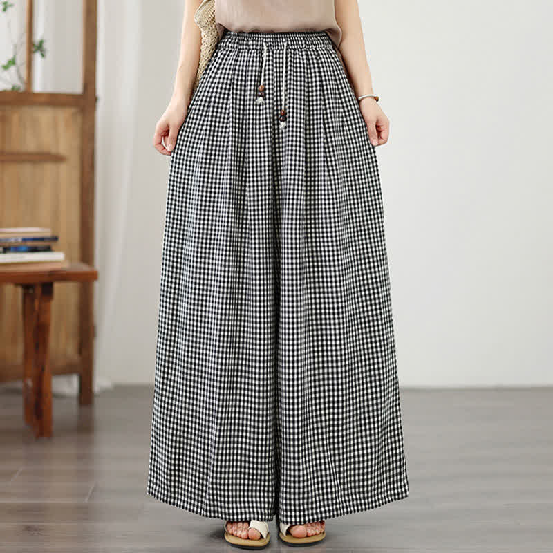 Buddha Stones Summer Casual Drawstring Small Plaid Ankle Pants Women's Wide Leg Pants With Pocket - image 12