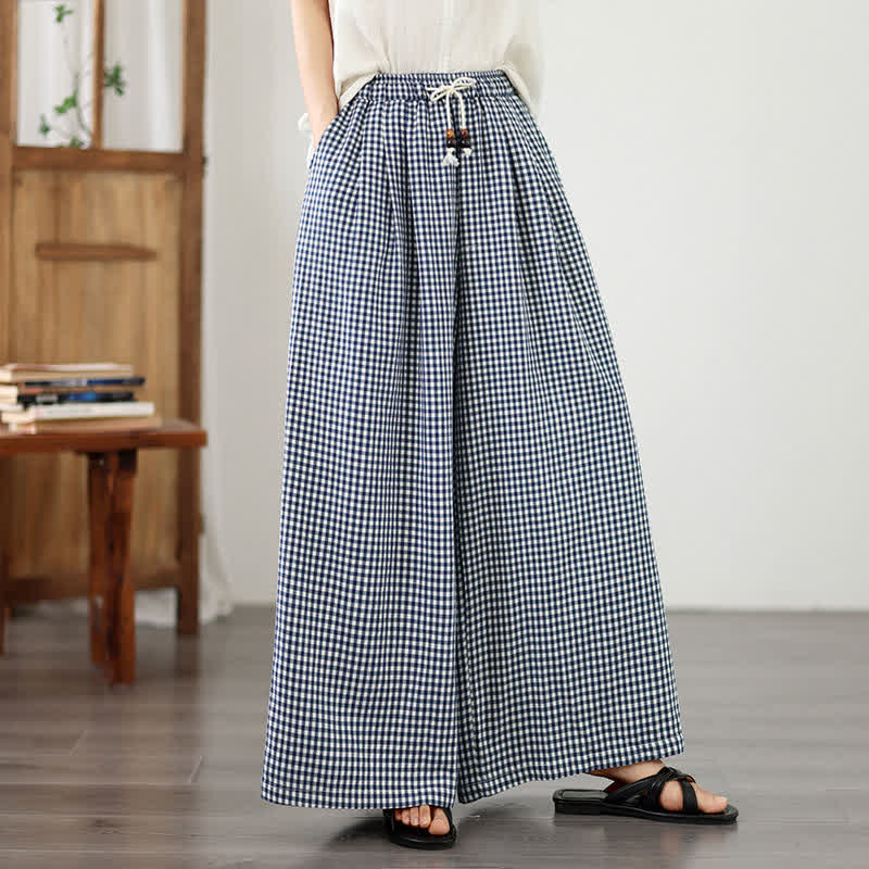 Buddha Stones Summer Casual Drawstring Small Plaid Ankle Pants Women's Wide Leg Pants With Pocket - image 2
