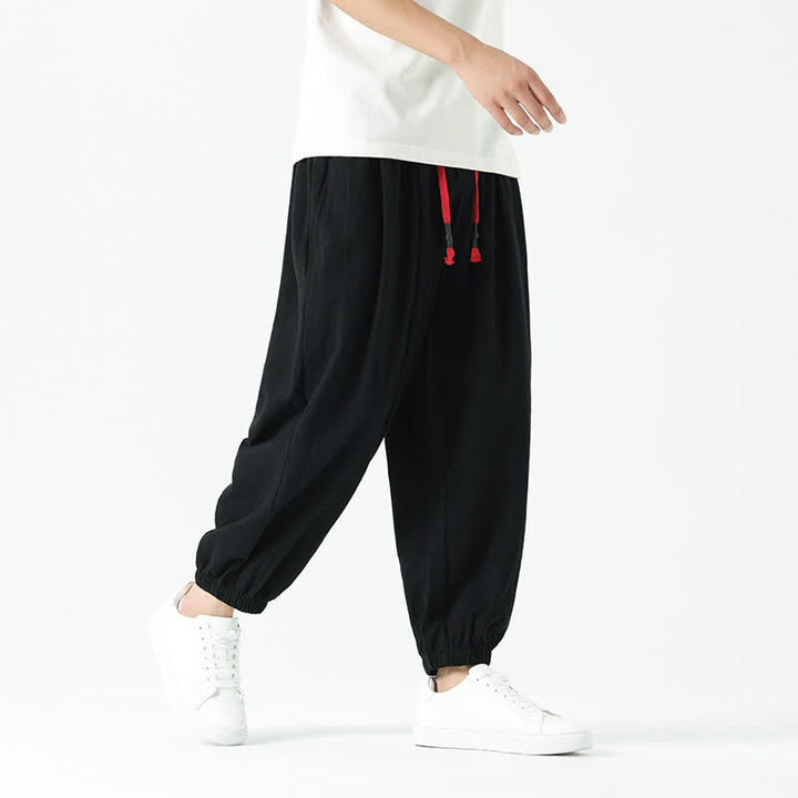 Buddha Stones Summer Casual Boho Drawstring Solid Cotton Cropped Pants Men's Harem Pants With Pocket - image 11