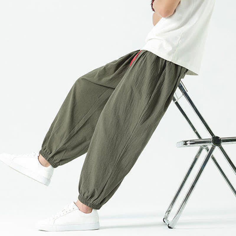 Buddha Stones Summer Casual Boho Drawstring Solid Cotton Cropped Pants Men's Harem Pants With Pocket - image 34