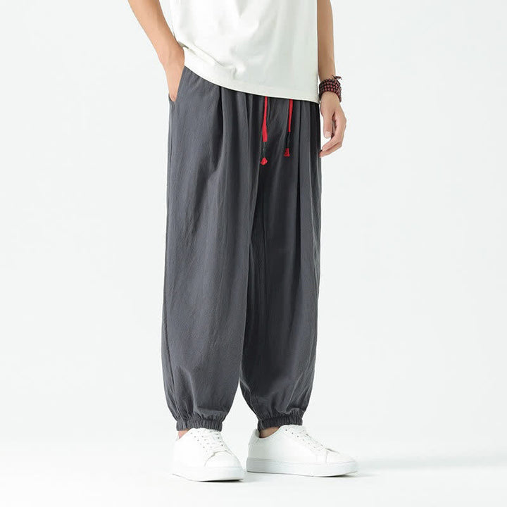 Buddha Stones Summer Casual Boho Drawstring Solid Cotton Cropped Pants Men's Harem Pants With Pocket - image 40