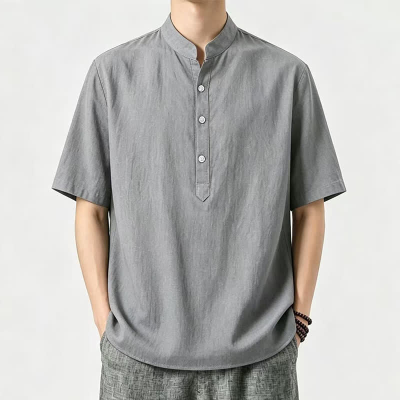Buddha Stones Summer Casual Mandarin Collar Solid Men's Short Sleeve Shirts - Gray - US/UK/AU46, EU56 (5XL) - image 4