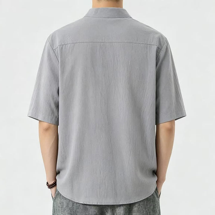 Buddha Stones Summer Casual Mandarin Collar Solid Men's Short Sleeve Shirts - image 5