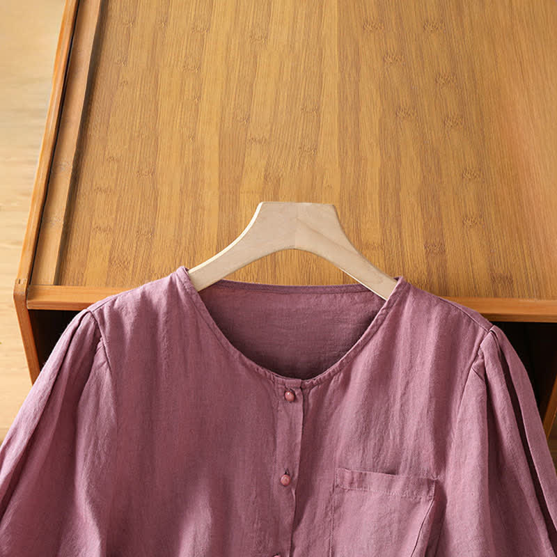 Buddha Stones Summer Casual Minimalist Button-Up Solid Women's Short Sleeve Shirts With Patch Pocket - image 2